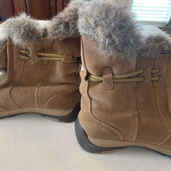 Lands' End Brown Suede Leather Faux Fur Winter Ankle Boots Womens 7.5B Moccasin - Picture 12 of 13